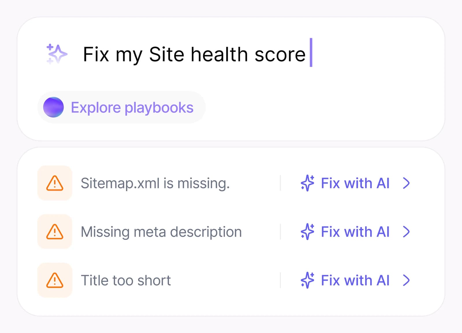 SEO Agent fix list with one-click AI fixes